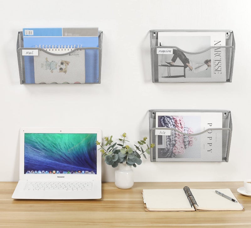 EasyPAG 3 Pack Wall File Organizer with Label Panel, Mesh Hanging File Folder Organizer for Letter/A4 Size Folders, Wall Mounted Vertical Mail Holder for Paperwork, Office, Home, School, Silver - Image 5